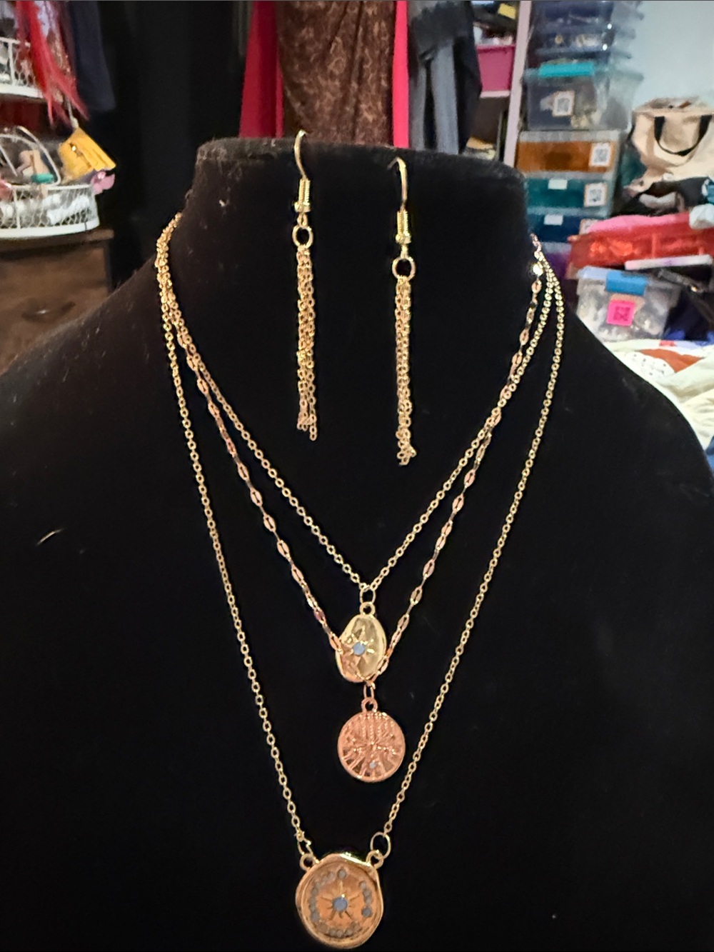 New Women’s 13” Gold-Tone triple Layered Pendant Necklace Set & earrings